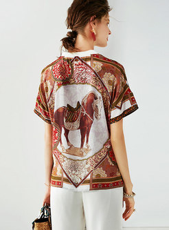 Chic V-neck Silk Print Loose T-shirt
