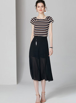 Brief Striped Knitted Top & Mesh Wide Leg Pants