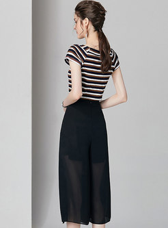 Brief Striped Knitted Top & Mesh Wide Leg Pants