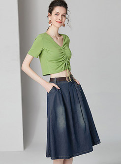 Stylish Solid Color Tied T-shirt & Denim Skirt