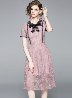 O-neck Bowknot Lace Splicing Hollow Out Skater Dress