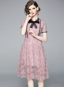 O-neck Bowknot Lace Splicing Hollow Out Skater Dress