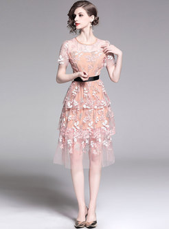 Mesh Embroidered Stereoscopic Flower Cute Cake Dress