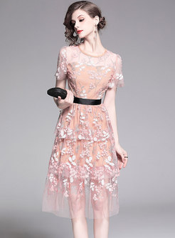 Mesh Embroidered Stereoscopic Flower Cute Cake Dress
