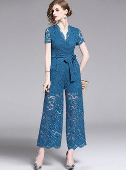 Fashion Lace V-neck Tied See-though Jumpsuit