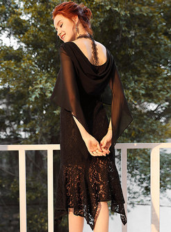 Stylish V-neck Backless Lace Splicing Irregular Sheath Dress