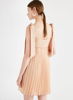 Pure Color Square Neck Tied Backless Pleated Mini Dress