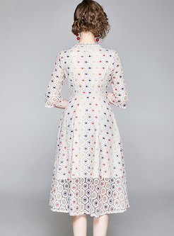 Sweet Polka Dot Embroidered Half Sleeve Skater Dress