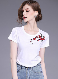 Brief All-matched Embroidered O-neck T-shirt