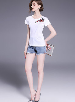 Brief All-matched Embroidered O-neck T-shirt