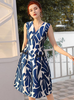 Trendy Sequined Print V-neck Sleeveless A Line Dress