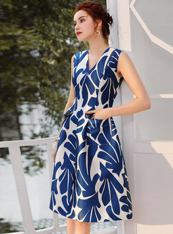 Trendy Sequined Print V-neck Sleeveless A Line Dress