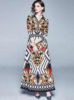 V-neck Long Sleeve Print Retro Maxi Dress