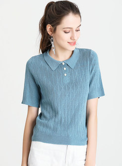 Brief Blue Polo Collar Comfortable Knitted Top 