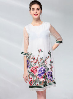 Ethnic O-neck Embroidered Organza Shift Dress