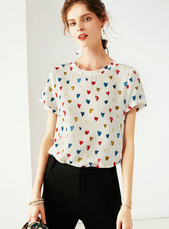 Brief Heart Pattern O-neck Loose Silk T-shirt