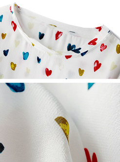 Brief Heart Pattern O-neck Loose Silk T-shirt