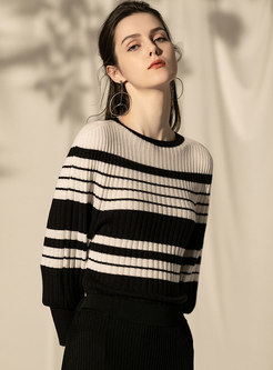 Color-blocked O-neck Striped Lantern Sleeve Sweater
