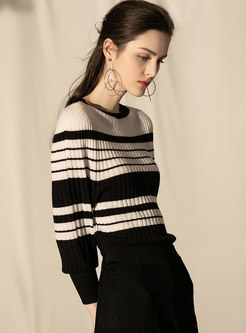 Color-blocked O-neck Striped Lantern Sleeve Sweater