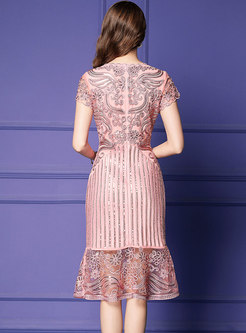 Elegant Sequined Embroidered Falbala High Waist Sheath Dress 