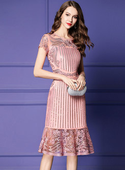 Elegant Sequined Embroidered Falbala High Waist Sheath Dress 
