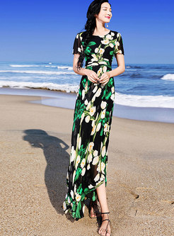 Casual Print Big Hem Chiffon Slim Beach Maxi Dress