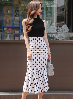 Stylish Pure Color Knitted Top & Polka Dot Mermaid Skirt