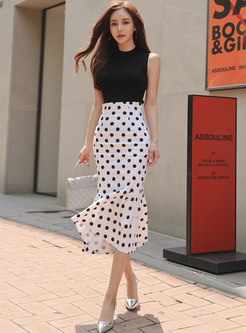 Stylish Pure Color Knitted Top & Polka Dot Mermaid Skirt