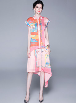 Stylish Lapel Print Blouse & Casual Asymmetric Skirt