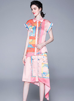 Stylish Lapel Print Blouse & Casual Asymmetric Skirt