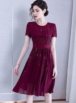 Casual Sequined O-neck Pleated Skater Dress