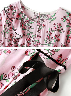 Trendy Print Silk Gathered Waist Bowknot Skater Dress