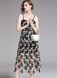 Stylish Backless Lace Hollow Out Embroidered Slip Dress