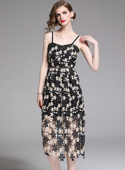 Stylish Backless Lace Hollow Out Embroidered Slip Dress