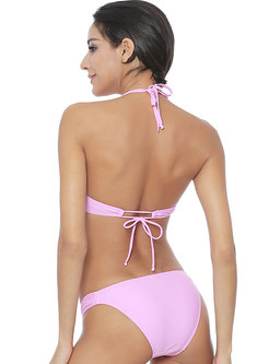 Solid Color Bowknot Sweet Halter Neck Bikini