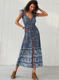 Chic Backless Print Tied Pleated Holiday Maxi Dress
