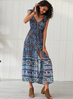 Chic Backless Print Tied Pleated Holiday Maxi Dress