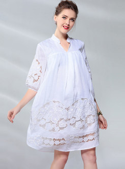 Embroidered Hollow Out Pure Color Shift Dress