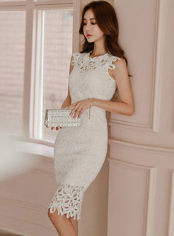 Pure Color Sleeveless Openwork Lace Bodycon Dress