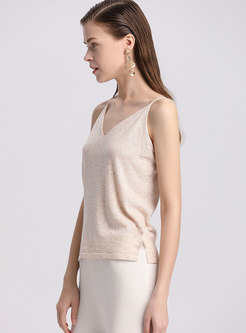 Brief Apricot V-neck Backless Knitted Cami