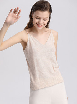 Brief Apricot V-neck Backless Knitted Cami