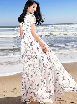 Floral Print Gathered Waist Beach Holiday Maxi Dress
