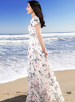 Floral Print Gathered Waist Beach Holiday Maxi Dress