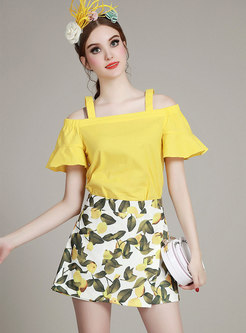 Off-the-shoulder Yellow Top & Sweet Print Shorts