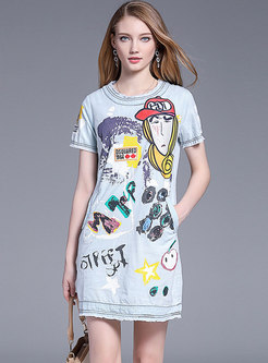 Stylish Denim Cute Cartoon Print Sheath Dress