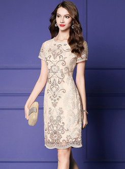 Lace Sequin Embroidered Openwork Sheath Dress
