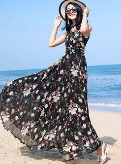 Bohemian Floral Print V-neck Sleeveless Maxi Dress