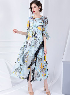 Stylish O-neck Print Falbala Big Hem Maxi Dress