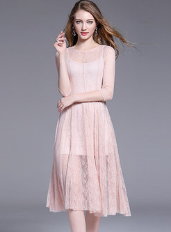 Chic Lace See-though Hollow Out Pleated Dress