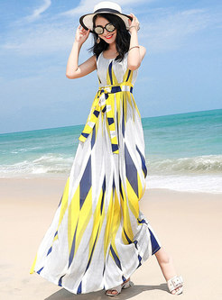 Stylish Color-blocked Sleeveless Chiffon Holiday Maxi Dress